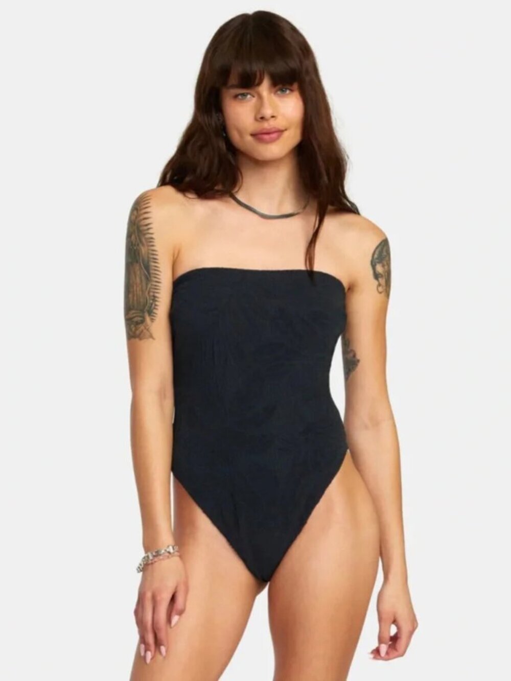 RVCA women's one piece swimsuit size S black texture palm print strapless beach